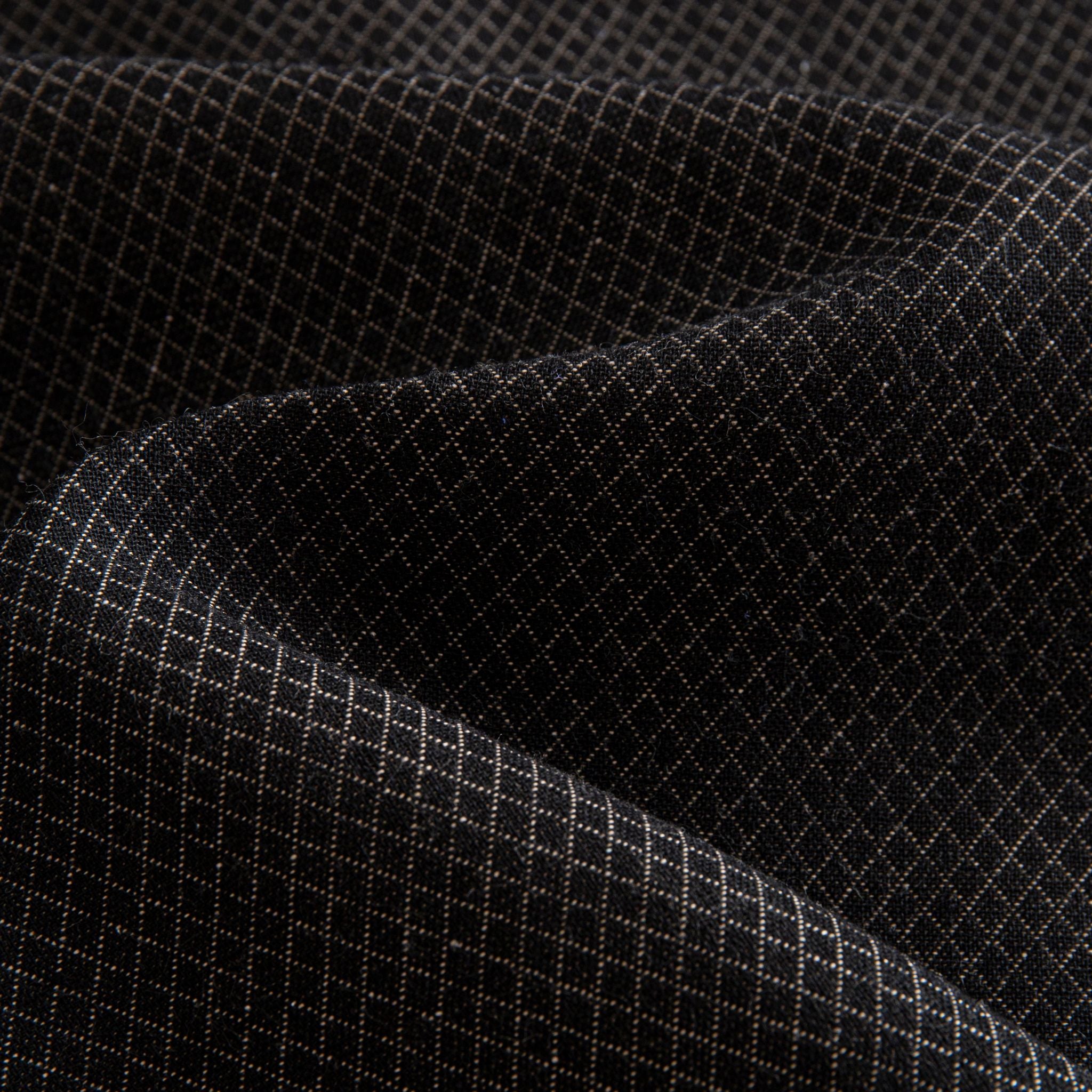 OROMEN Haori Cardigan Fabric Macro Shot — Diamond Grid Interlocking Weave on Dark Brown Cotton Linen Blend, Tactile Texture Detail