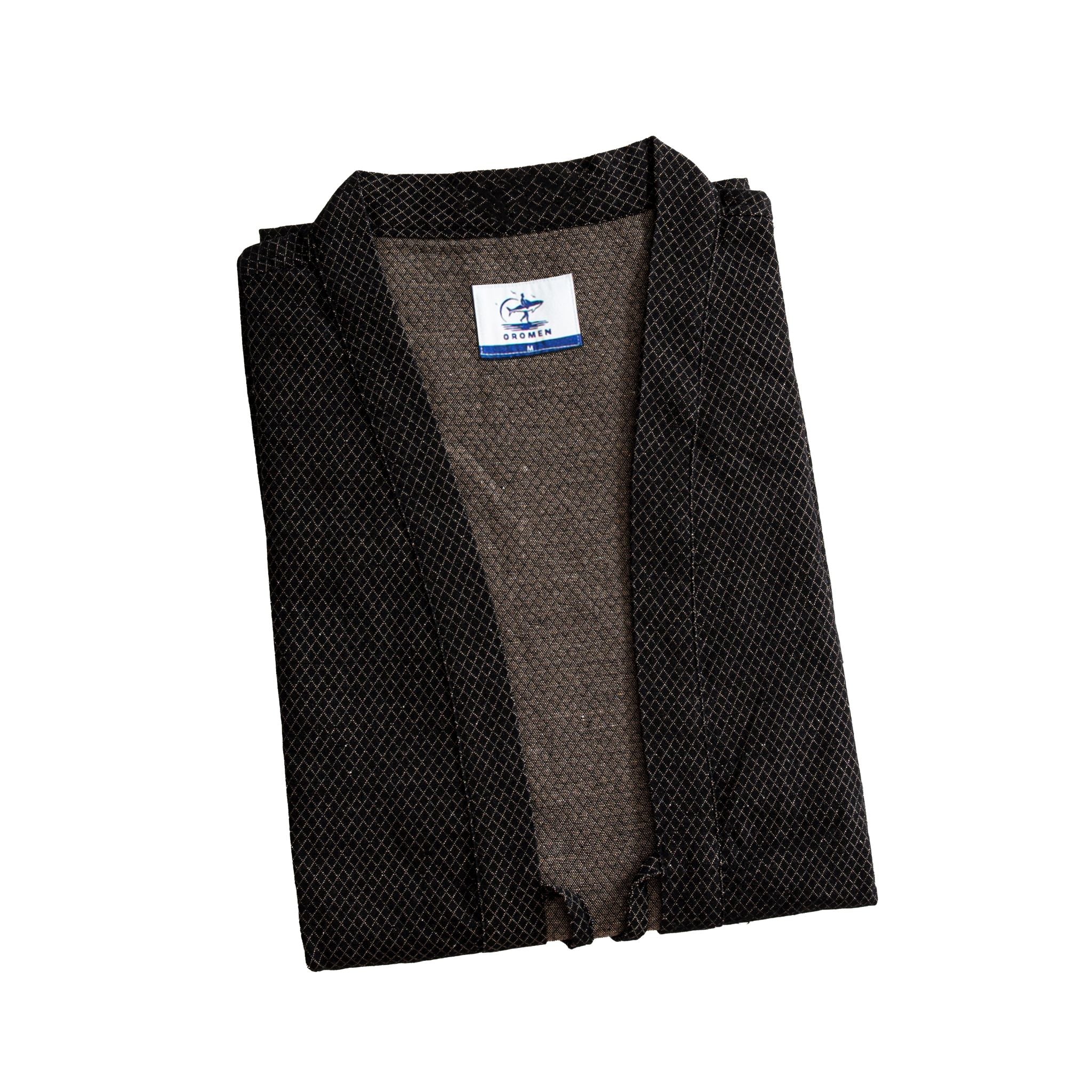 OROMEN Haori Cardigan Neatly Folded — Diamond Grid Woven Texture Visible, Dark Brown Cotton Linen Kimono Jacket