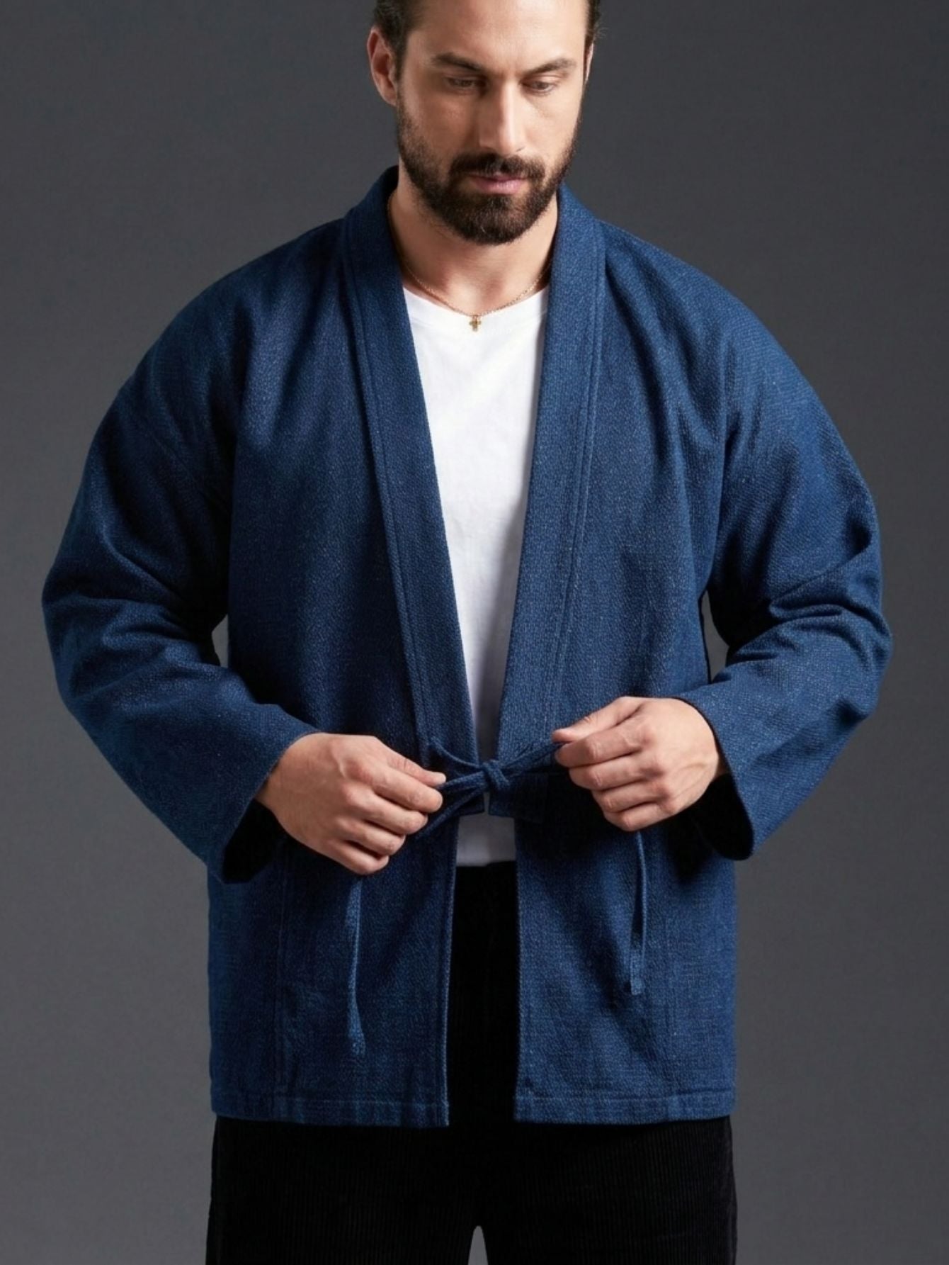 OROMEN Indigo Denim Haori Jacket – Male Model Wearing Open Front with Tie Cord, Studio Grey Background