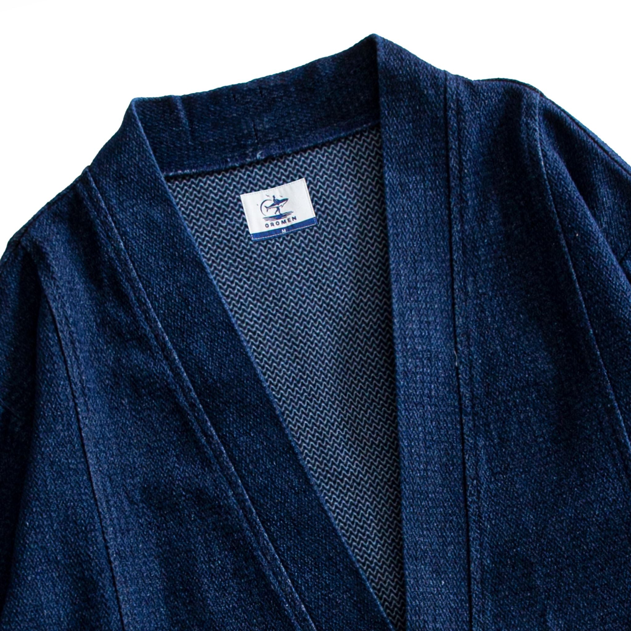 OROMEN Indigo Denim Haori Jacket – Three-Quarter View, Open Front