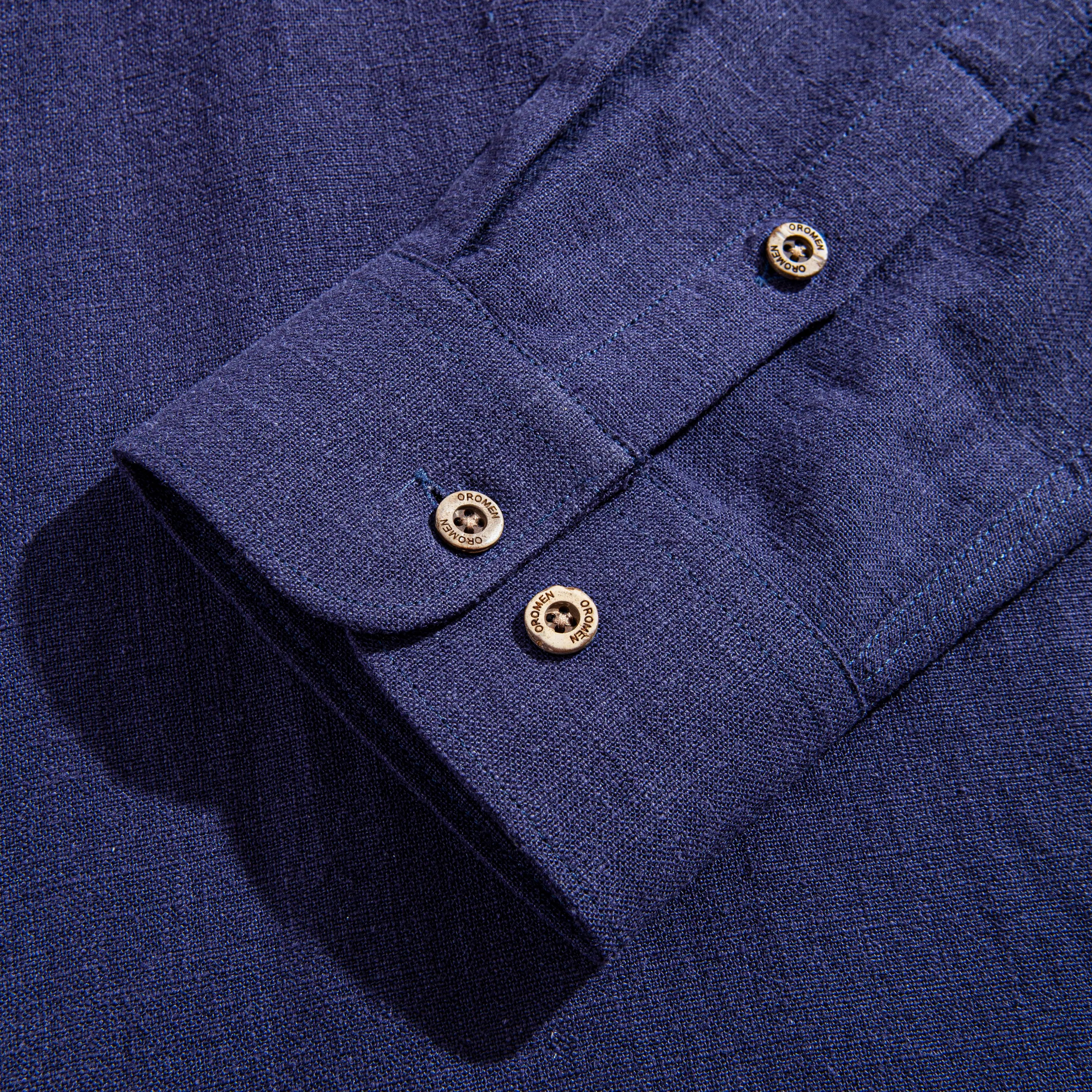 OROMEN Indigo Linen Shirt – Lapel Collar Detail