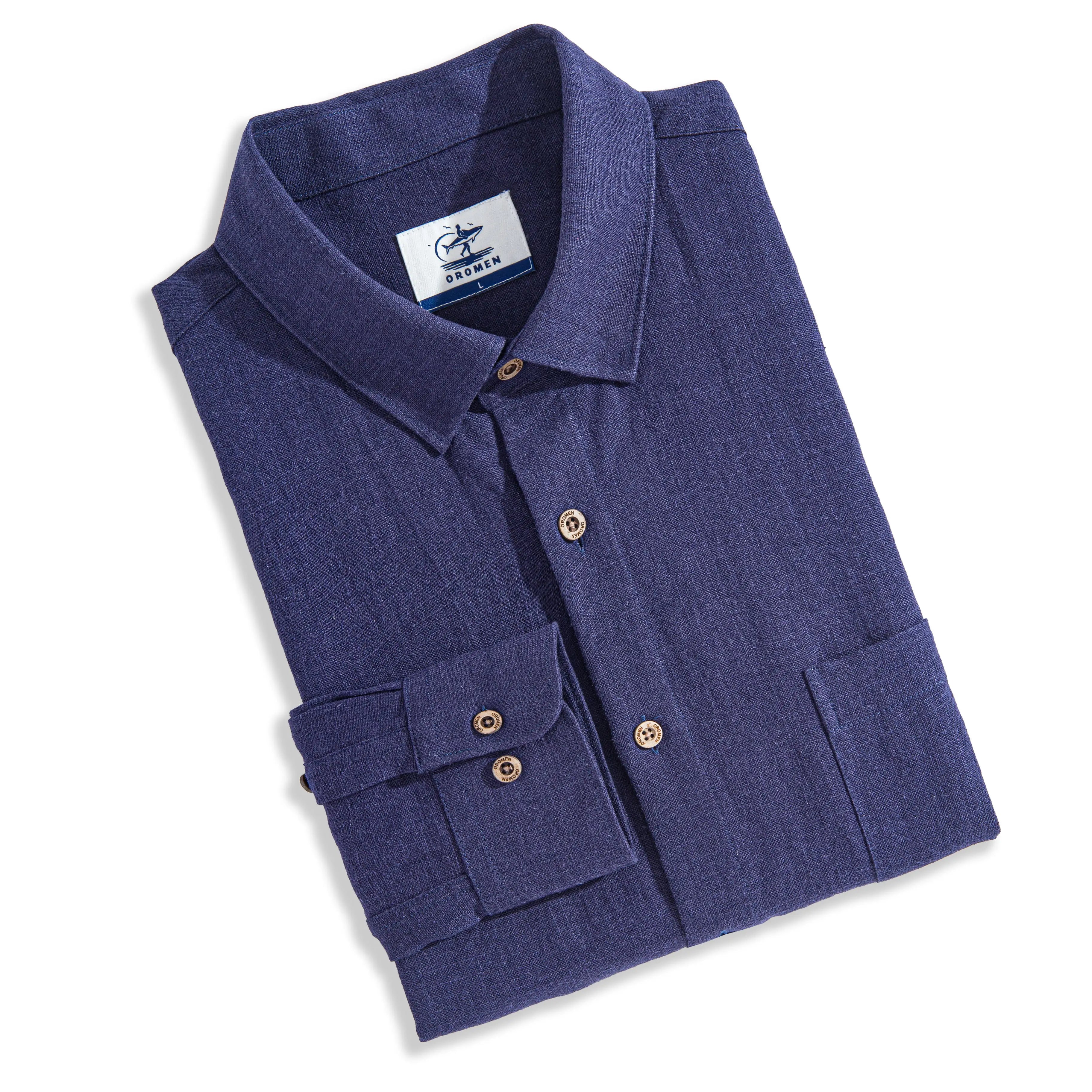 OROMEN Indigo Tailored Linen Long Sleeve Shirt – Front View
