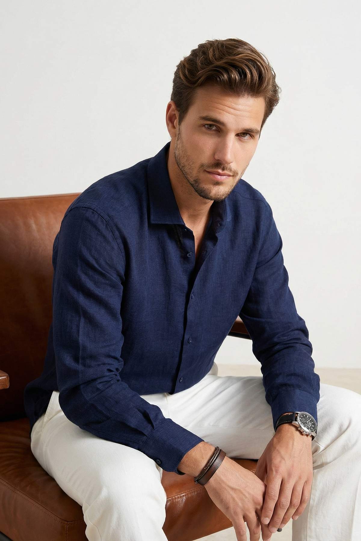 OROMEN Indigo Tailored Linen Shirt – Model Wearing Full Look