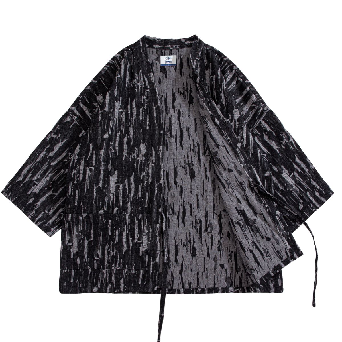 OROMEN Jacquard Crackle Kimono Jacket – open front flat lay, crackle texture detail