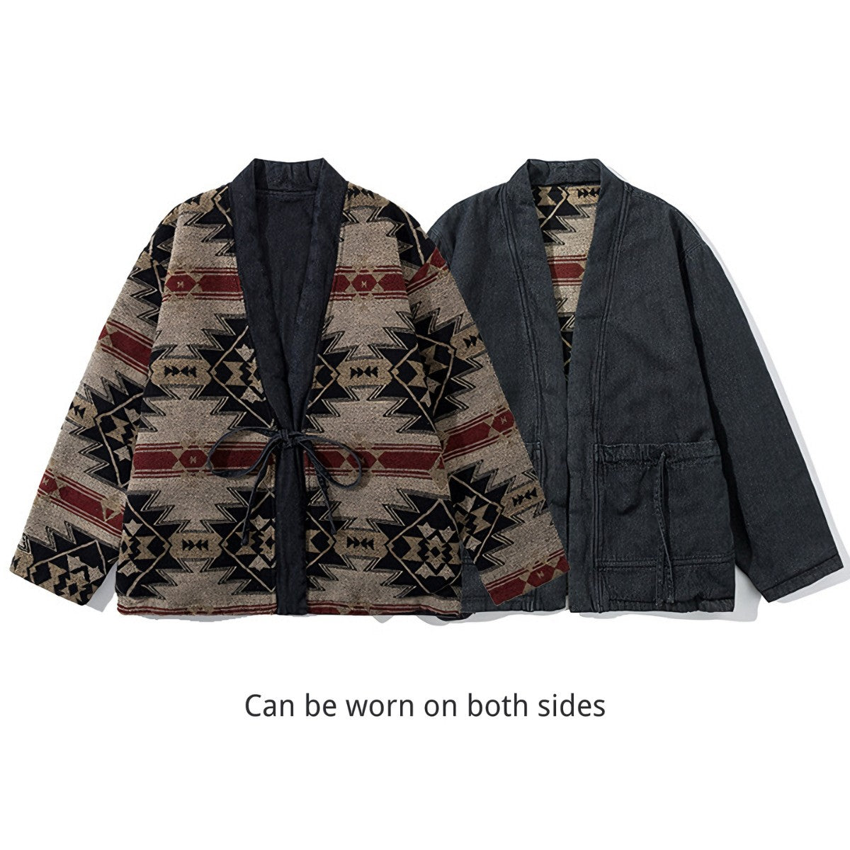 OROMEN KIMONO017 Kimono Coat folded flat, both sides visible, reversible design showcase, grey cotton flannel