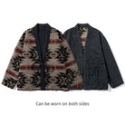OROMEN KIMONO017 Kimono Coat folded flat, both sides visible, reversible design showcase, grey cotton flannel