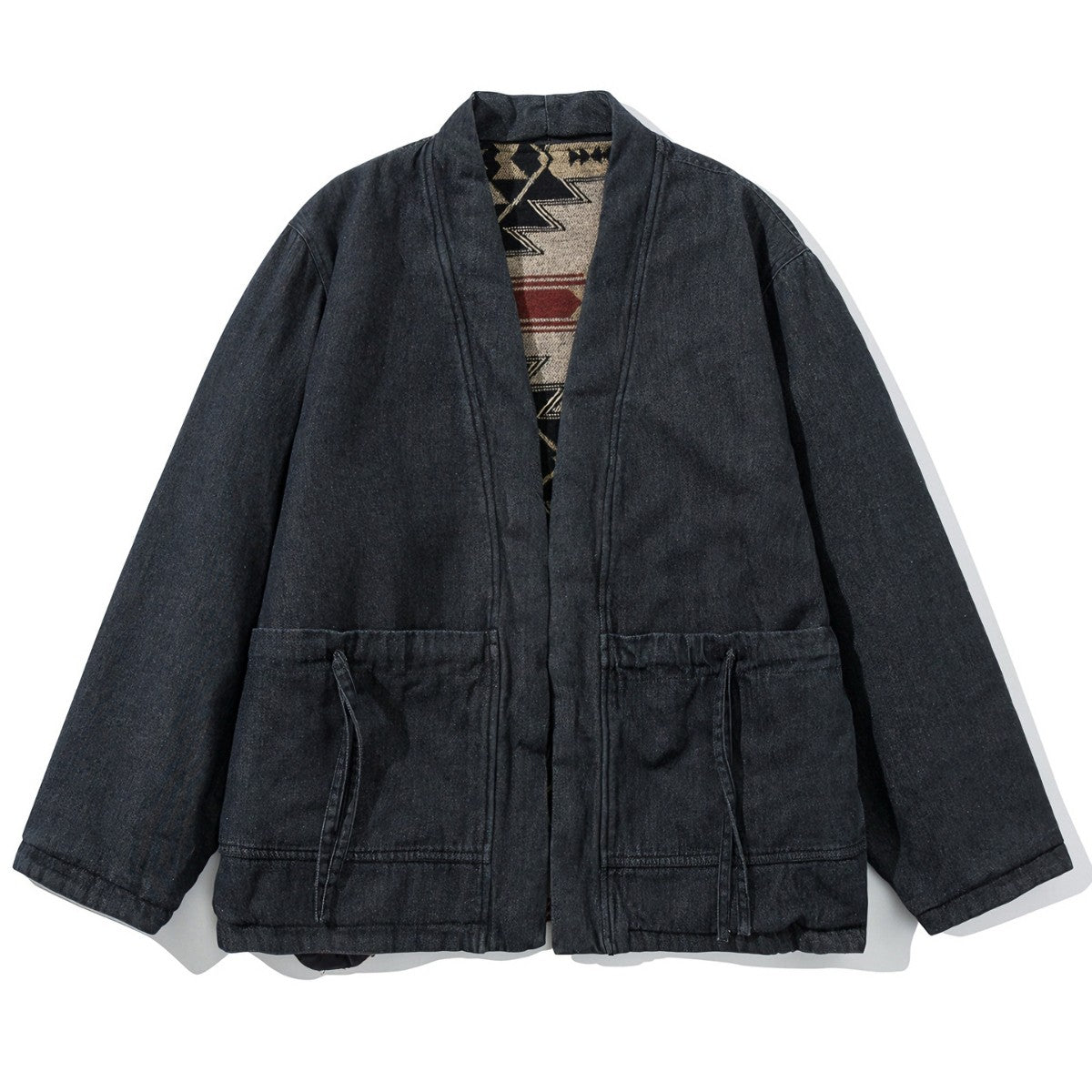 OROMEN KIMONO017 Vintage Kimono Coat, side A front view, grey Navajo tribal pattern, relaxed drop-shoulder silhouette