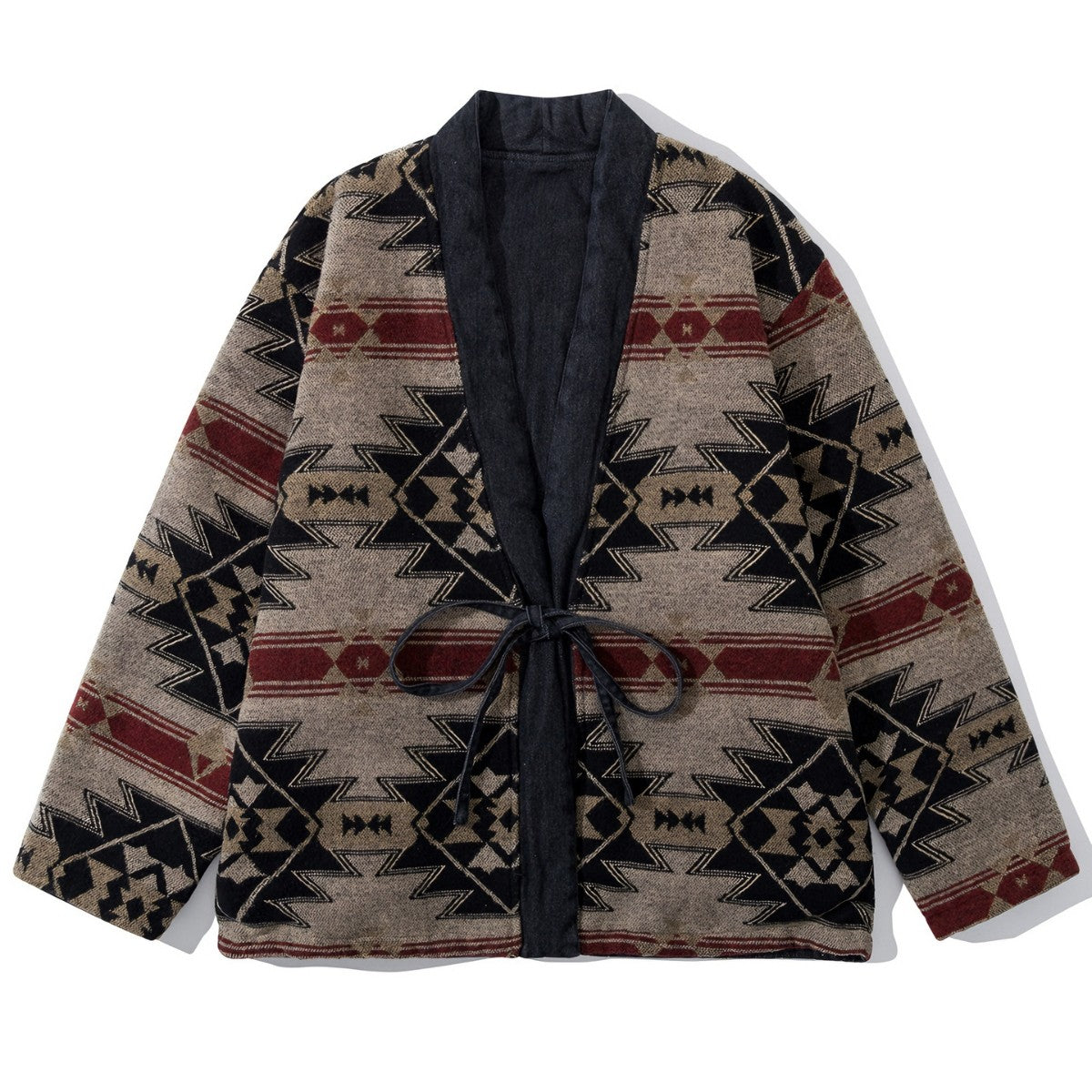 OROMEN KIMONO017 Vintage Two-Way Kimono Coat, front view, grey Navajo pattern cotton flannel, sizes M–2XL
