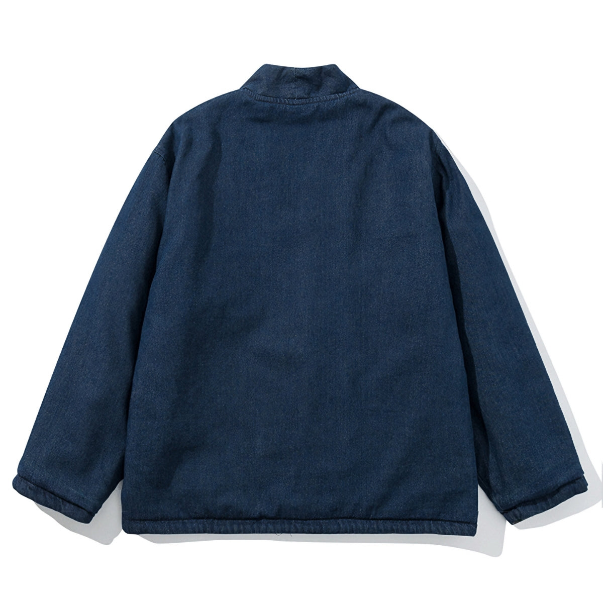 OROMEN KIMONO018 Reversible Jacquard Brushed Kimono Coat, back flat lay, full-length haori silhouette, navy jacquard, sizes M–2XL