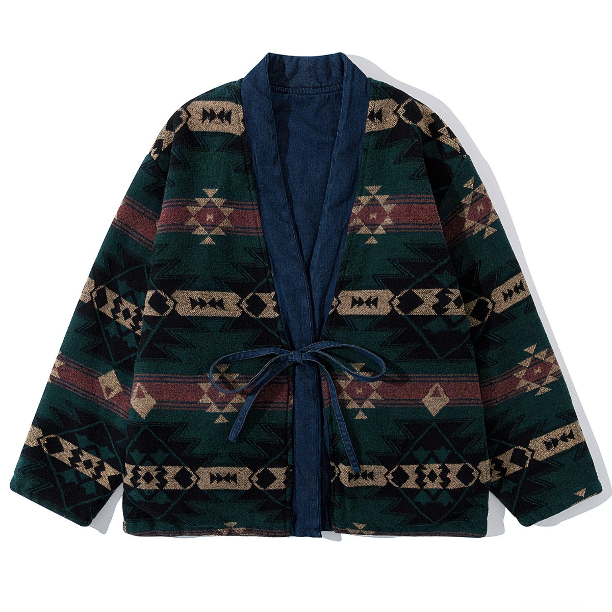 OROMEN KIMONO018 Reversible Jacquard Brushed Kimono Coat, front flat lay, navy jacquard pattern, 100% cotton brushed flannel