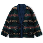 OROMEN KIMONO018 Reversible Jacquard Brushed Kimono Coat, front flat lay, navy jacquard pattern, 100% cotton brushed flannel