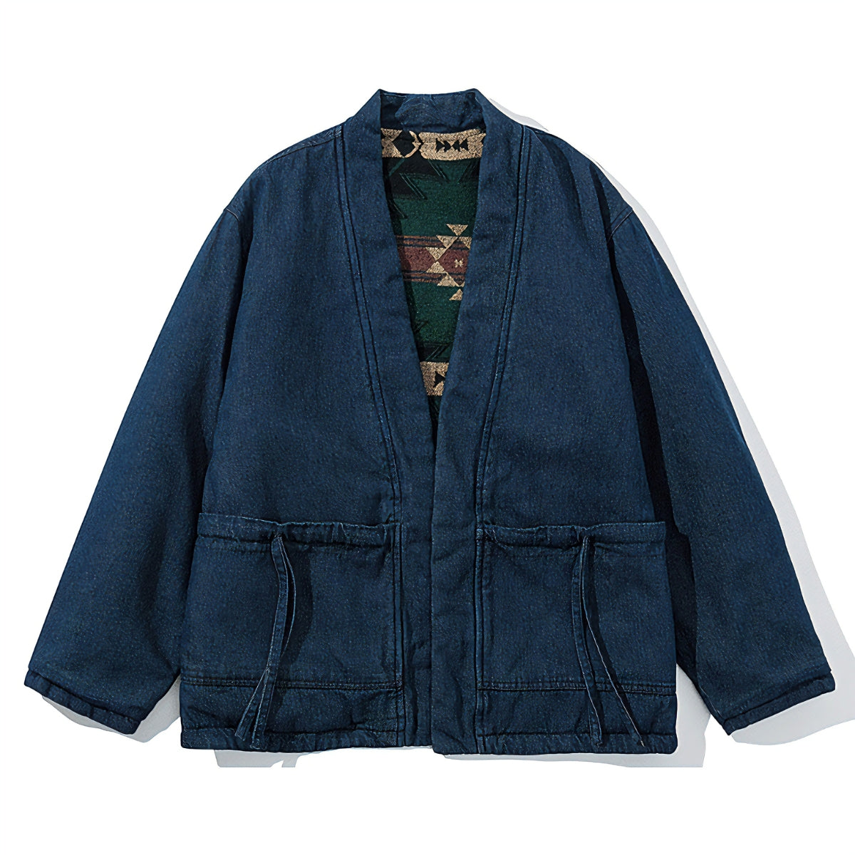 OROMEN KIMONO018 Reversible Kimono Coat, side B flat lay, contrast interior jacquard pattern, reversible two-way design