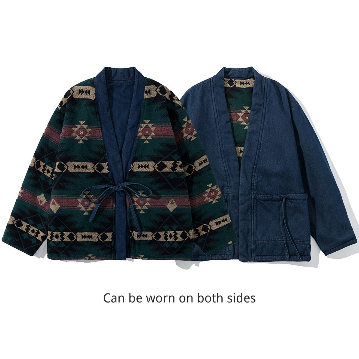 OROMEN KIMONO018 both sides displayed side by side, navy jacquard exterior and contrast interior lining, one garment two looks
