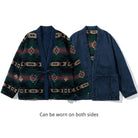 OROMEN KIMONO018 both sides displayed side by side, navy jacquard exterior and contrast interior lining, one garment two looks