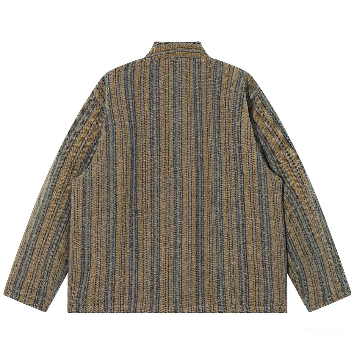 OROMEN KIMONO020 Double-Sided Striped Kimono Coat, side A back view, full-length haori silhouette, yellow stripe, sizes M–2XL
