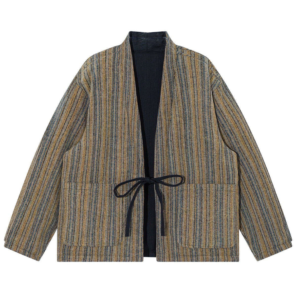 OROMEN KIMONO020 Double-Sided Striped Kimono Coat, side A front flat lay, yellow stripe pattern, 100% cotton haori