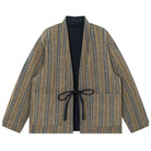 OROMEN KIMONO020 Double-Sided Striped Kimono Coat, side A front flat lay, yellow stripe pattern, 100% cotton haori