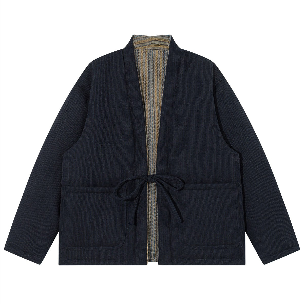 OROMEN KIMONO020 Double-Sided Striped Kimono Coat, side B front flat lay, contrast reverse stripe pattern, reversible design