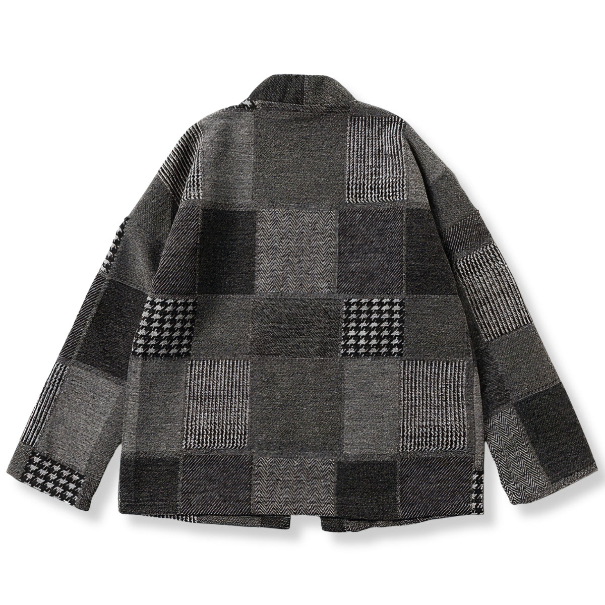 OROMEN KIMONO021 Patchwork Houndstooth Kimono Jacket, back flat lay, full-length haori silhouette, grey patchwork panels, sizes M–2XL