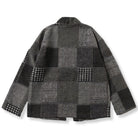 OROMEN KIMONO021 Patchwork Houndstooth Kimono Jacket, back flat lay, full-length haori silhouette, grey patchwork panels, sizes M–2XL