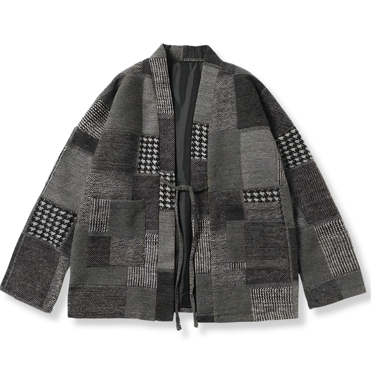 OROMEN KIMONO021 Patchwork Houndstooth Kimono Jacket, front flat lay, grey houndstooth patchwork panels, open-front haori silhouette