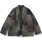 OROMEN KIMONO021 Patchwork Houndstooth Kimono Jacket, front flat lay, grey houndstooth patchwork panels, open-front haori silhouette
