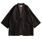 OROMEN Men's Diamond Woven Haori Cardigan in Dark Brown — Cotton Linen Open-Front Kimono Jacket, Front Flat Lay on White Background