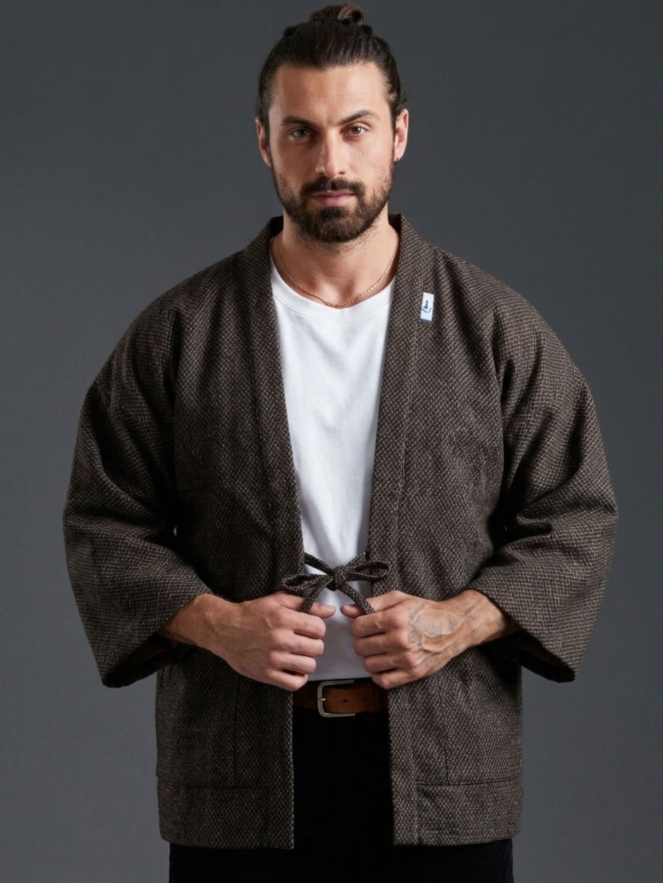 OROMEN Men's Haori Kimono Cardigan Worn by Model — Dark Brown Diamond Woven Cotton Linen Layering Piece, Japanese Streetwear Styling