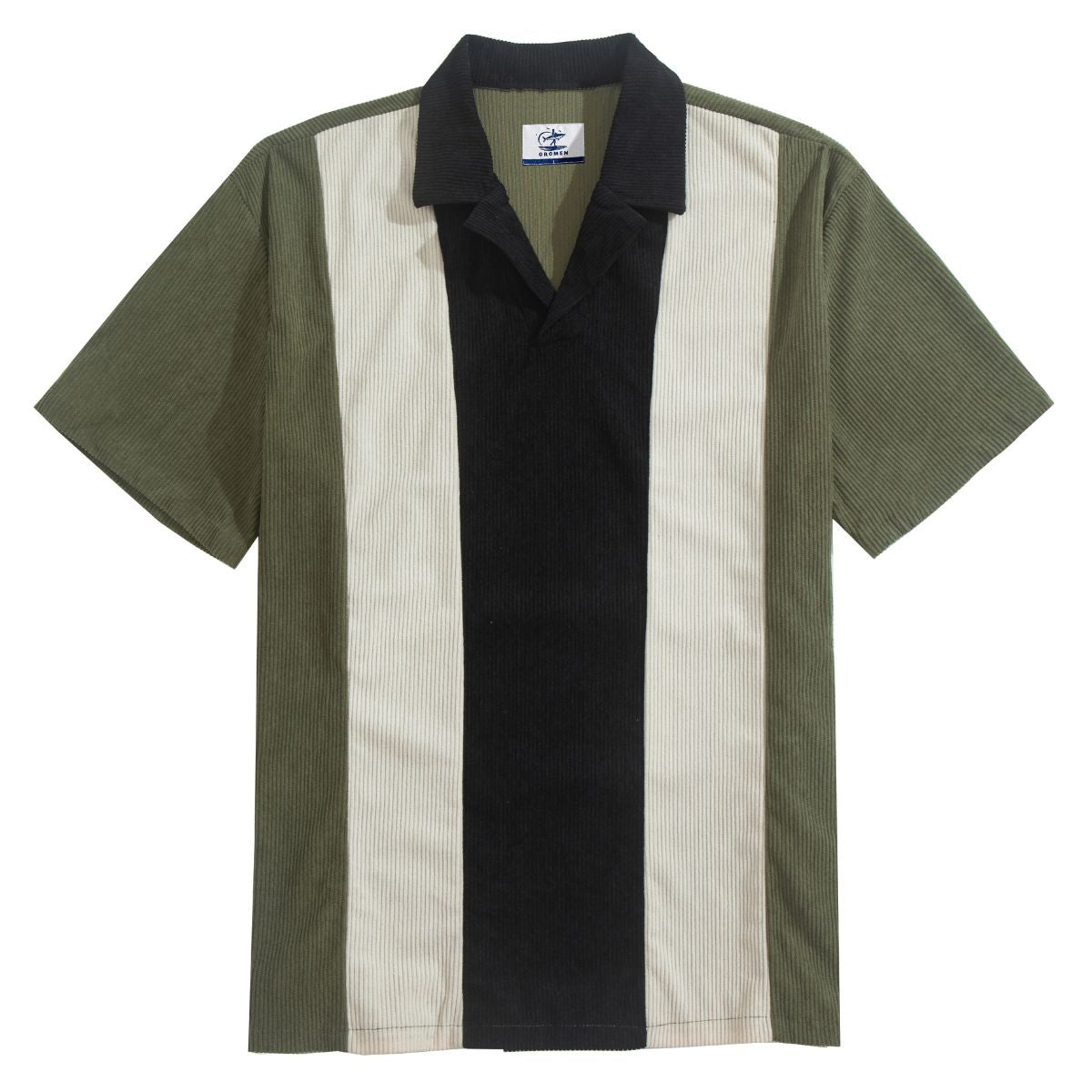 OROMEN Military Green Corduroy Patchwork Shirt – Front Flat Lay