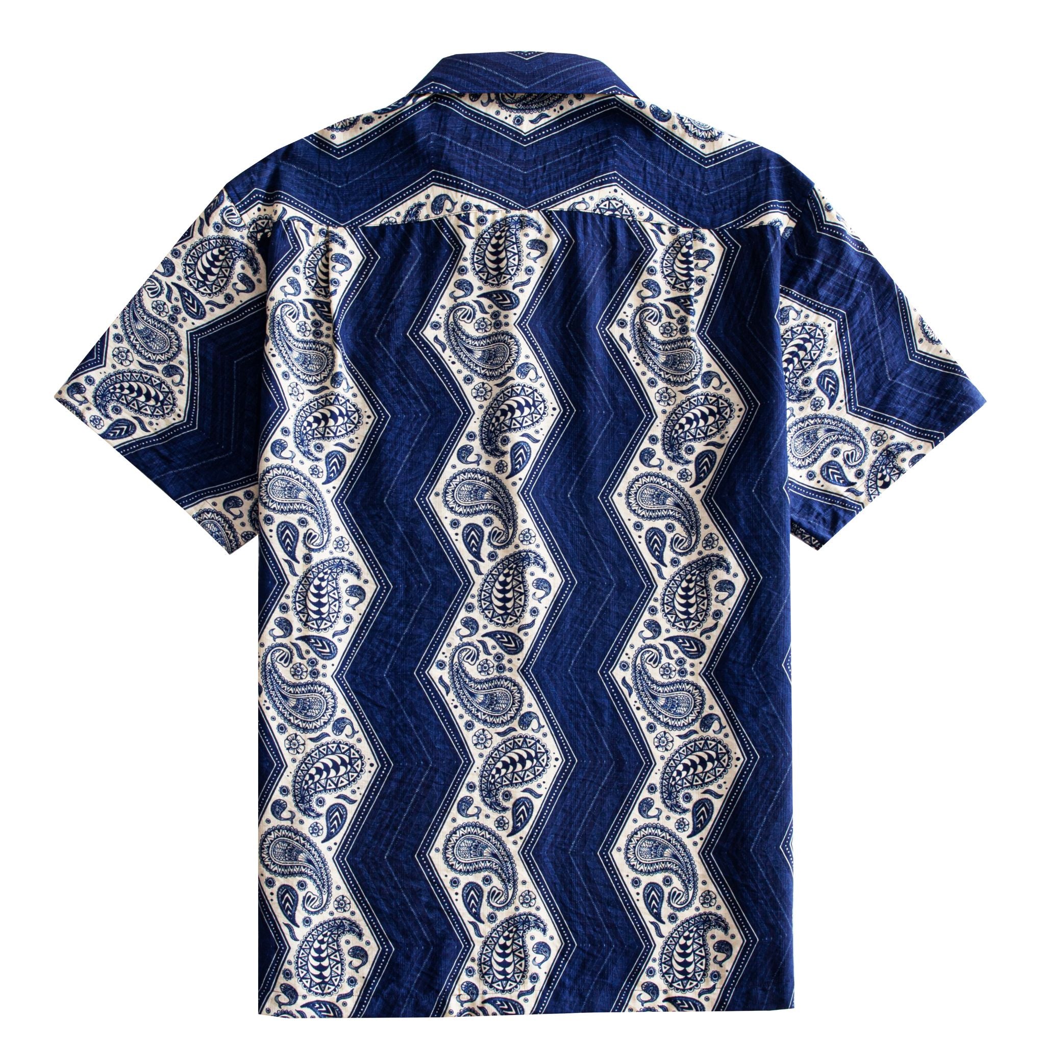 OROMEN-Paisley-Bandana-Hawaiian-shirt-back-flat-lay-showing-full-allover-zigzag-diamond-frame-paisley-print-in-navy-blue-and-off-white