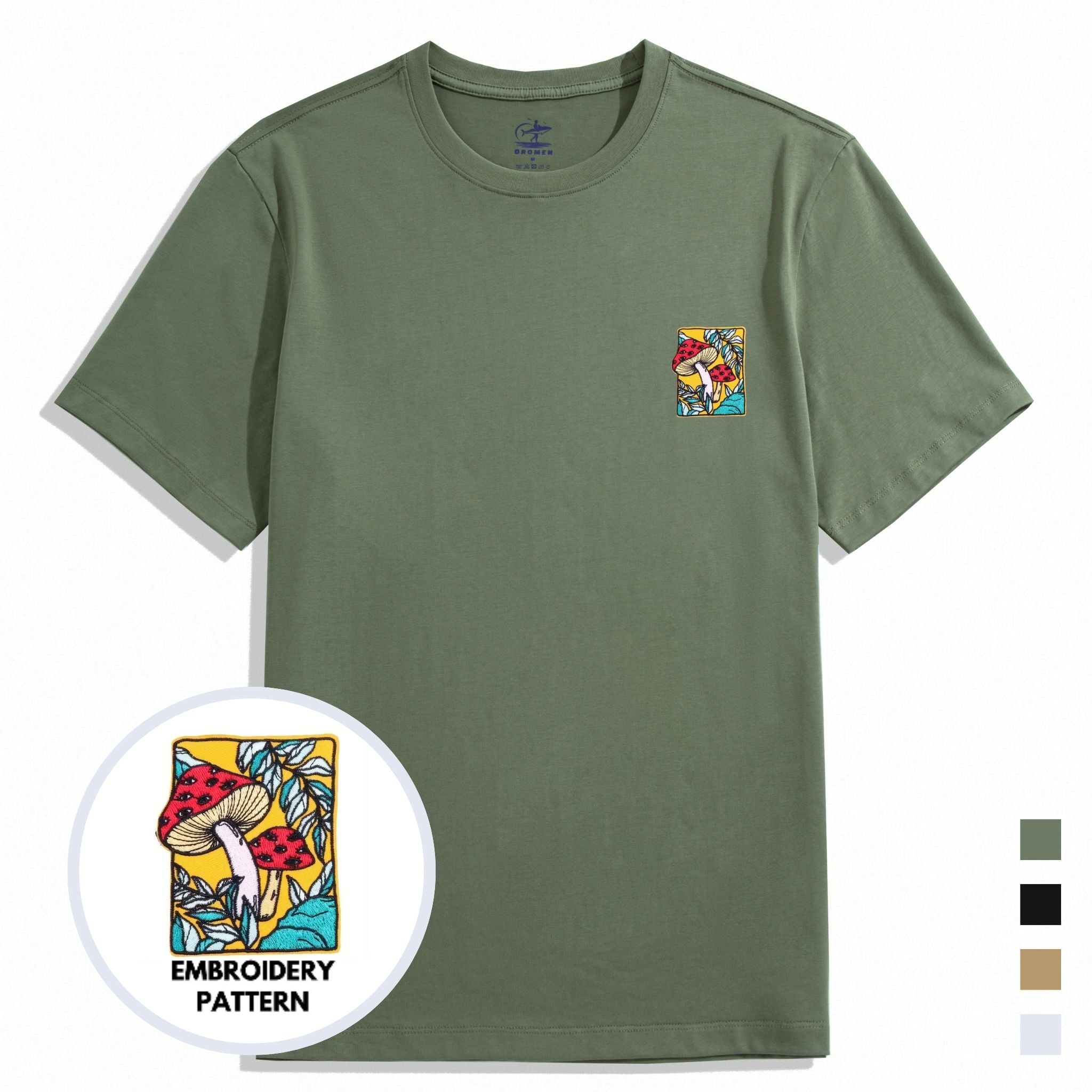 OROMEN Men's 100% Cotton T-Shirt – Wild Mushroom Embroidery Casual