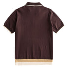 OROMEN chocolate brown color-block knit polo shirt flat lay back view,
tri-color blocked hem, smooth viscose fabric, short sleeve