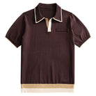 OROMEN chocolate brown color-block knit polo shirt flat lay front view,
tri-color blocked hem, open placket, short sleeve viscose knit
