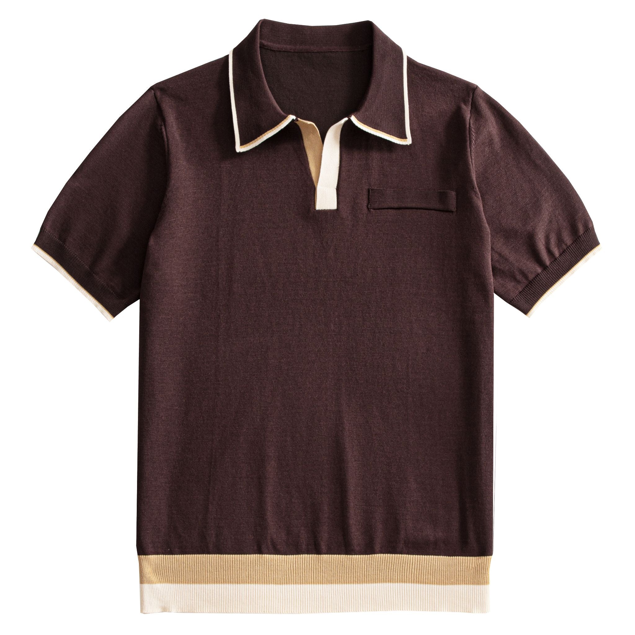 OROMEN chocolate brown color-block knit polo shirt flat lay front view,
tri-color blocked hem, open placket, short sleeve viscose knit
