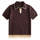 OROMEN chocolate brown color-block knit polo shirt flat lay front view,
tri-color blocked hem, open placket, short sleeve viscose knit
