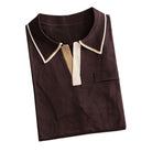 OROMEN‑chocolate‑brown‑color‑block‑polo‑shirt‑neatly‑folded‑showcasing‑tri‑color‑blocked‑hem‑and‑smooth‑viscose‑knit‑texture