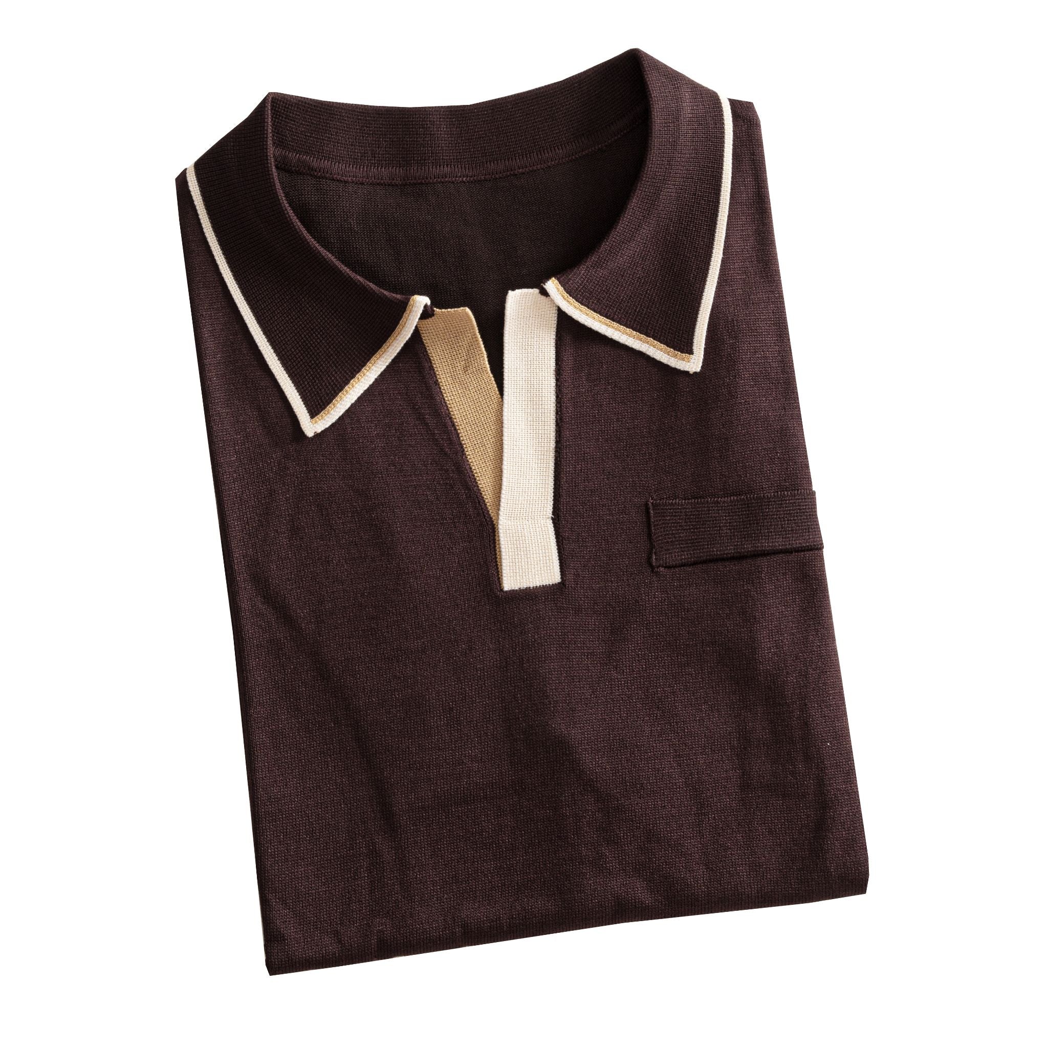 OROMEN‑chocolate‑brown‑color‑block‑polo‑shirt‑neatly‑folded‑showcasing‑tri‑color‑blocked‑hem‑and‑smooth‑viscose‑knit‑texture