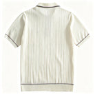 OROMEN cream off-white ribbed knit polo shirt flat lay back view,
fine vertical rib texture, contrast stripe hem detail, short sleeve
