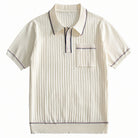 OROMEN cream off-white ribbed knit polo shirt flat lay front view,
fine vertical rib texture, contrast stripe tipping, short sleeve