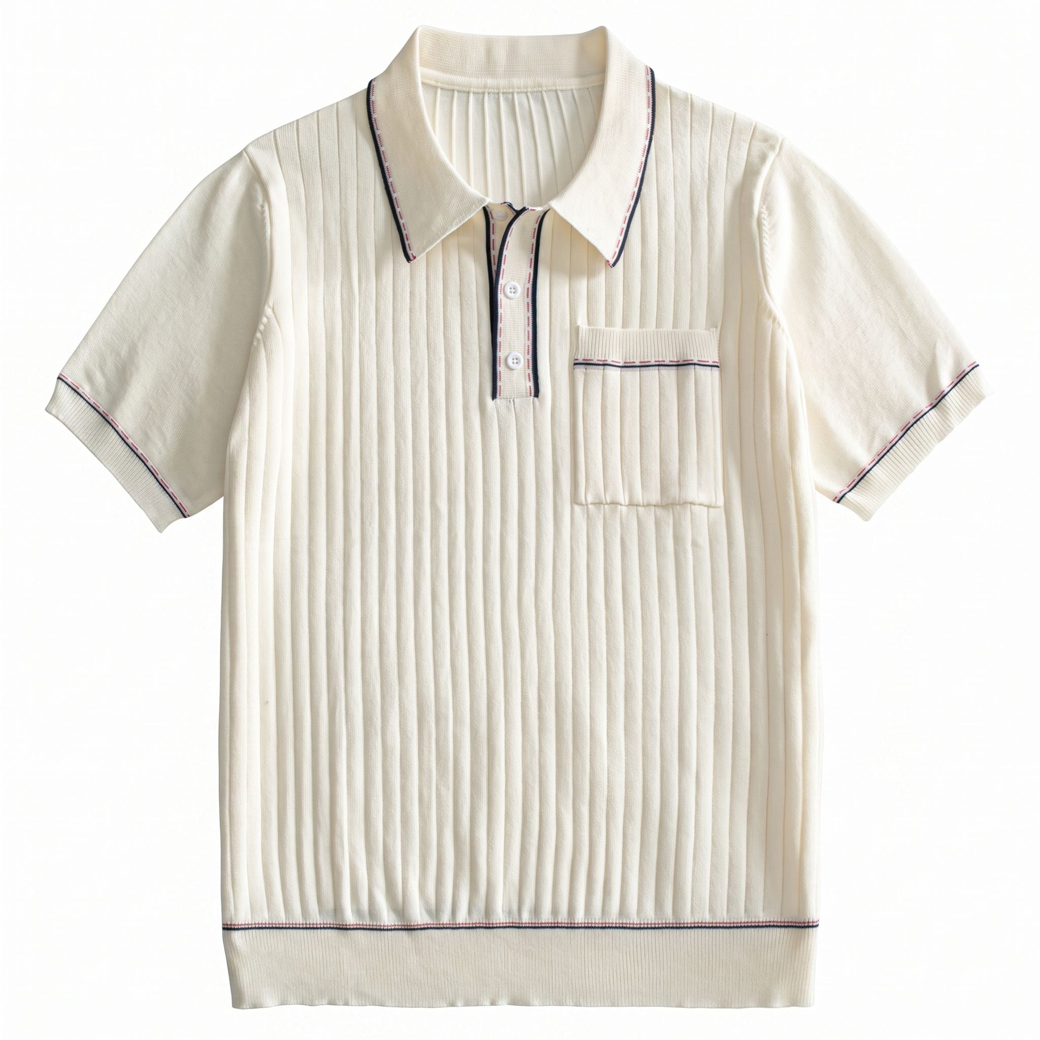 OROMEN cream off-white ribbed knit polo shirt flat lay front view,
fine vertical rib texture, contrast stripe tipping, short sleeve