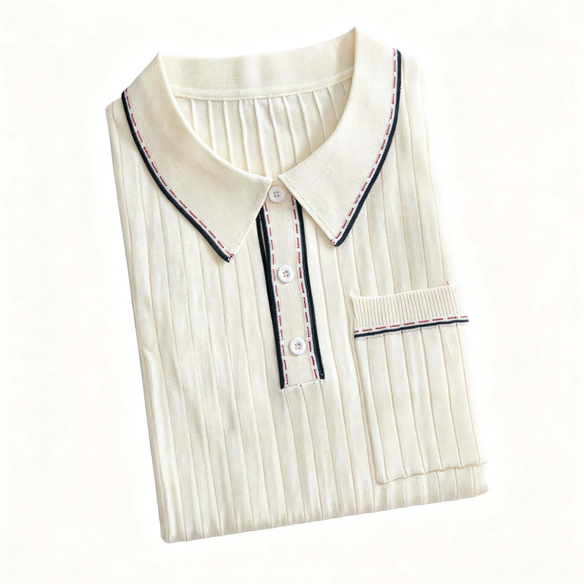 OROMEN cream ribbed knit polo shirt neatly folded, showcasing fine
vertical rib texture, contrast tipping details and off-white colorway