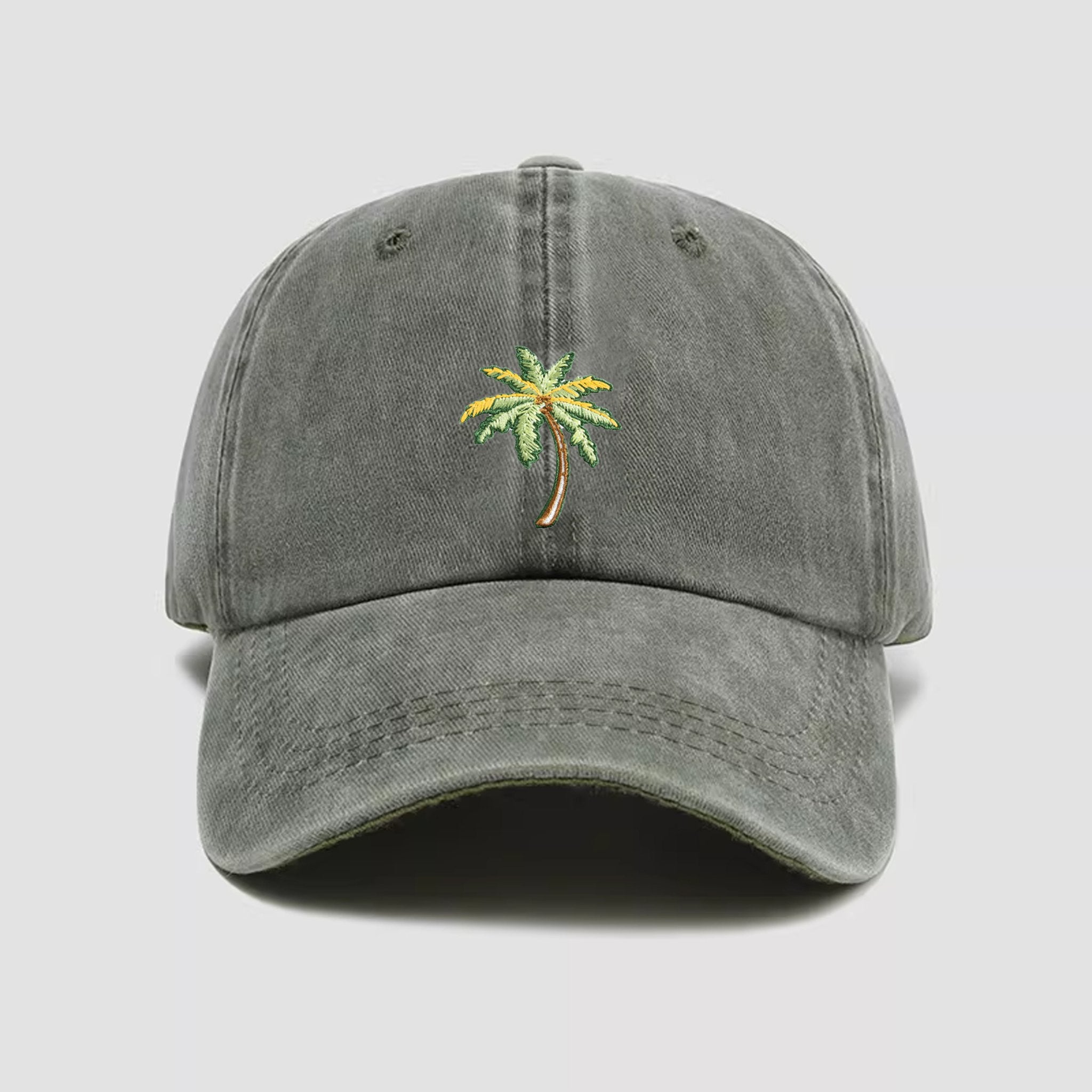 Olive green embroidered palm tree baseball cap - OROMEN washed denim hat