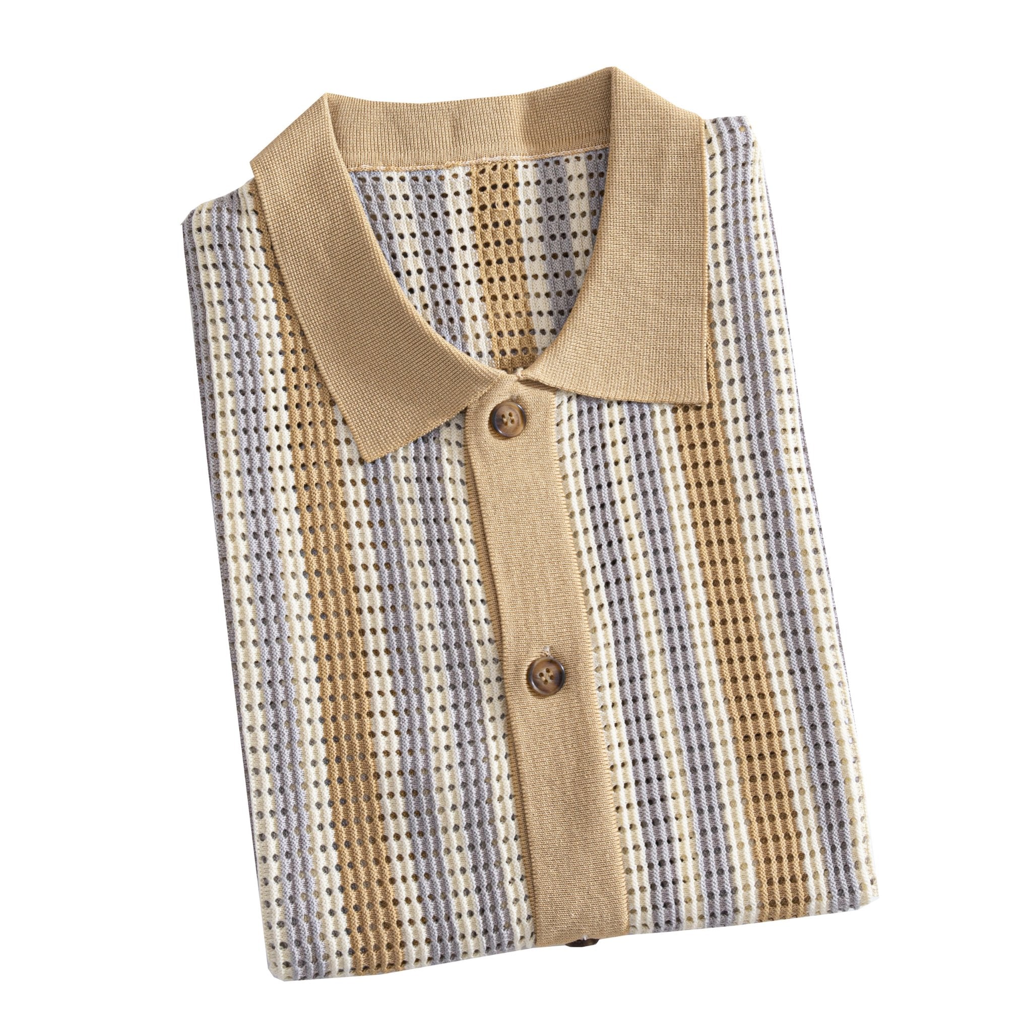 Retro Stripe Open-Knit Mesh Polo Shirt | Ice Silk Viscose | OROMEN