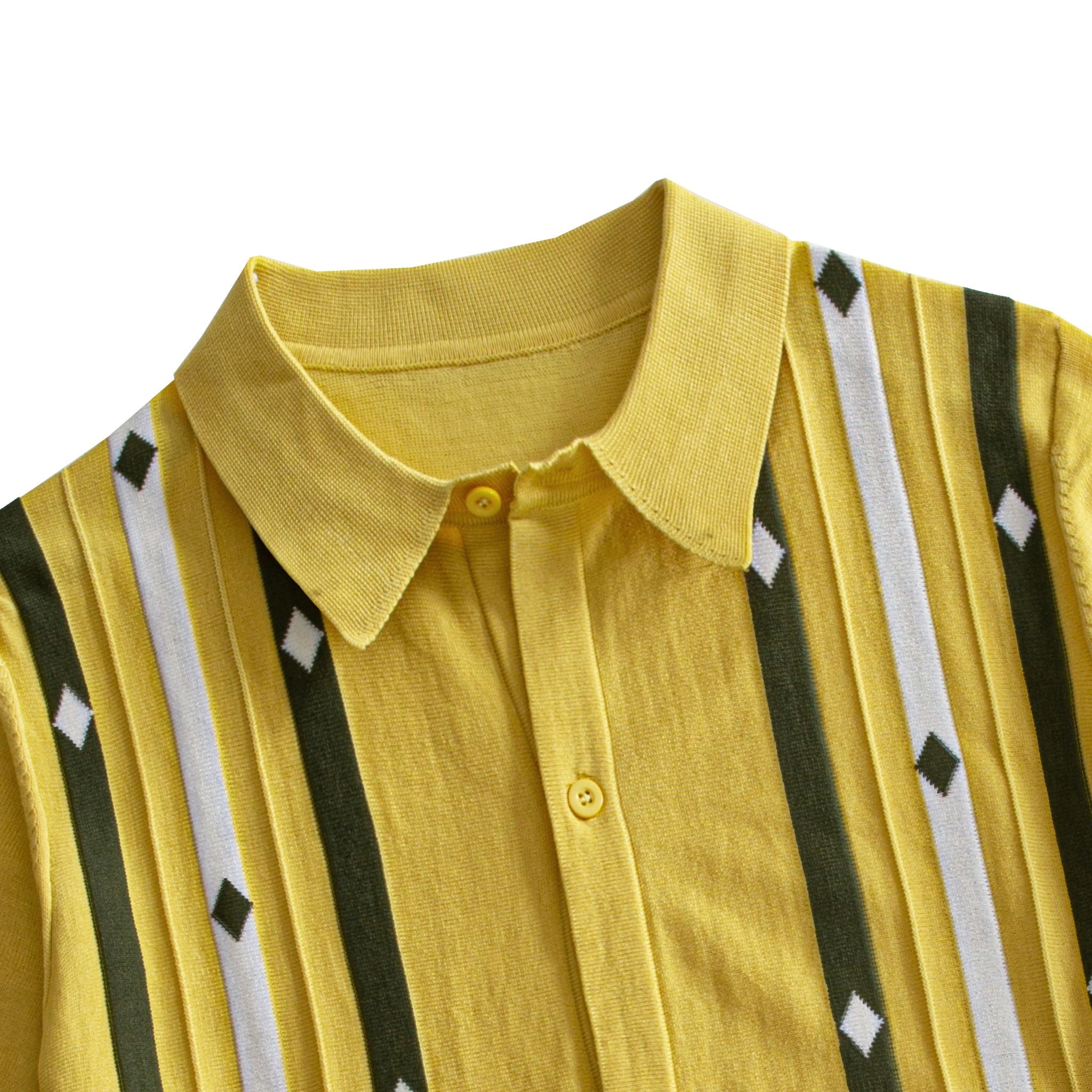 Point collar detail of men's yellow retro stripe knit shirt – OROMEN