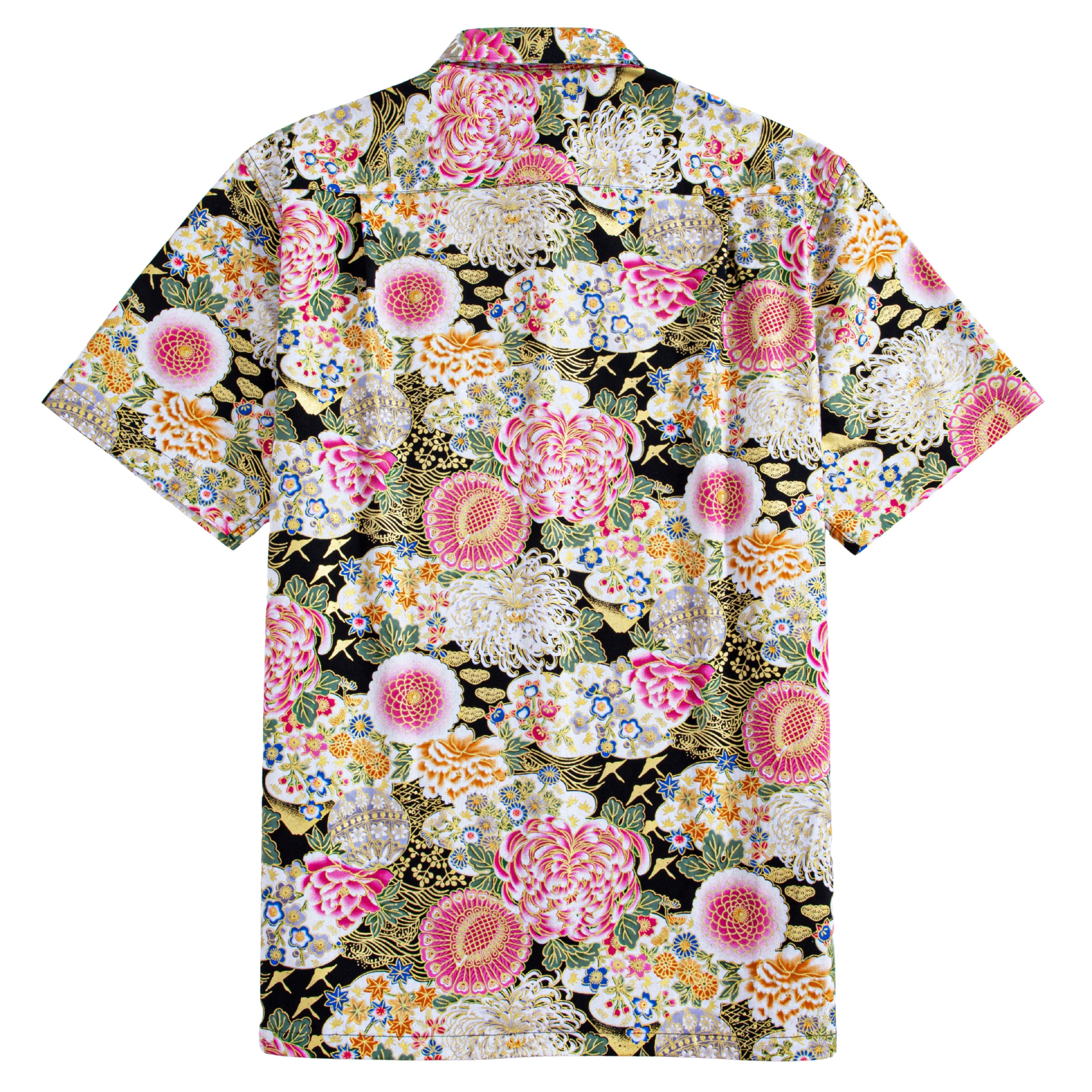Premium cotton shirt with Japanese peony and chrysanthemum art