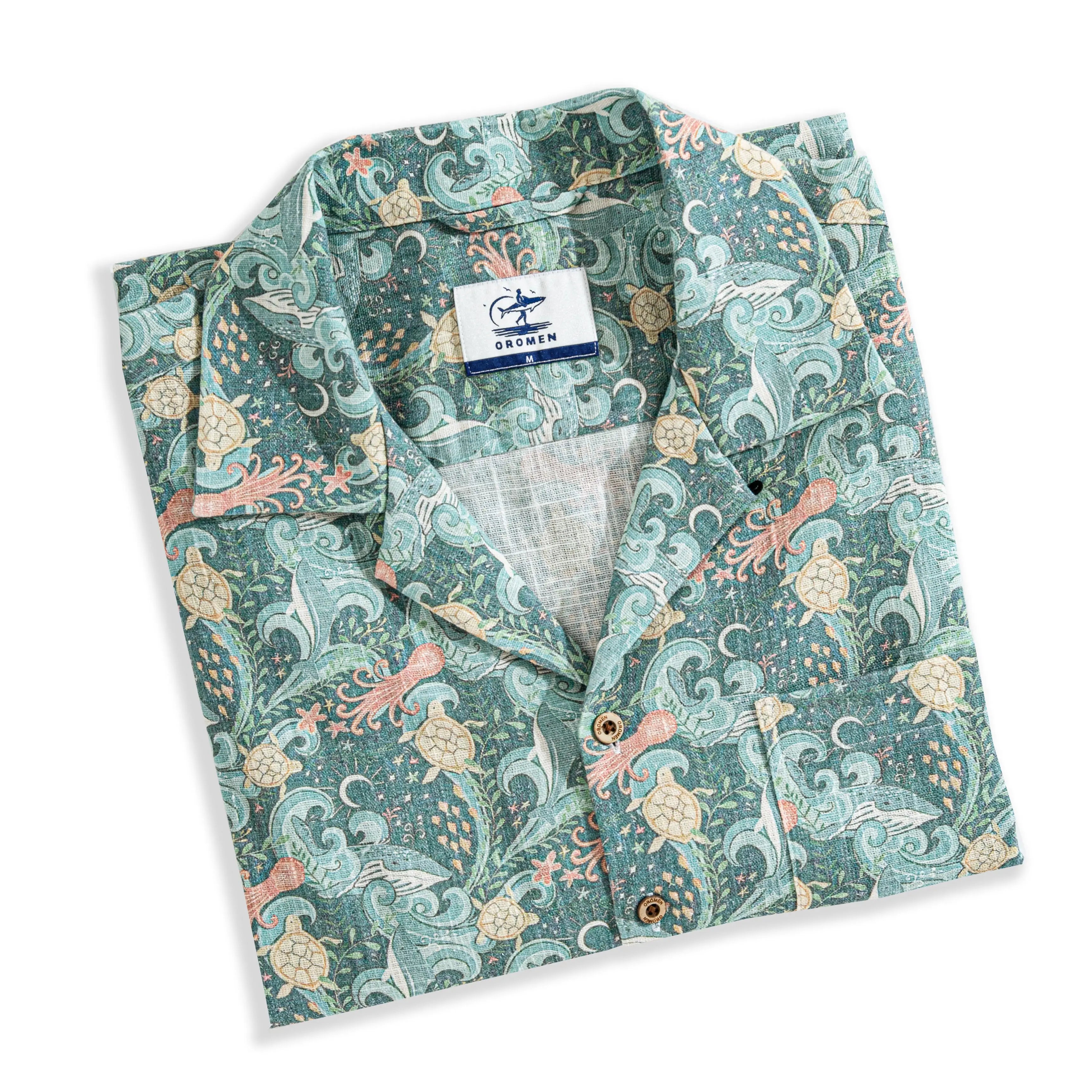 Premium linen fabric with hand-painted undersea oasis pattern close-up