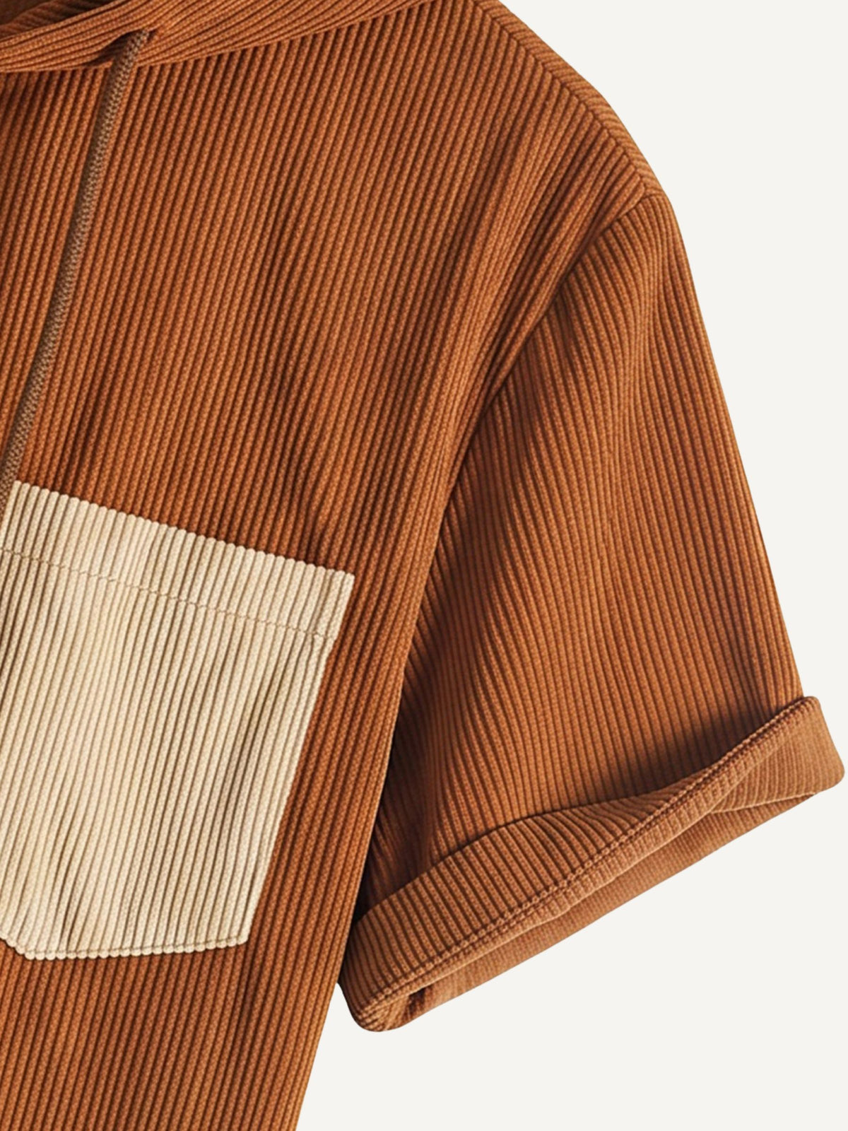 Rolled short sleeve cuff detail on OROMEN Canyon Corduroy Hooded Shirt