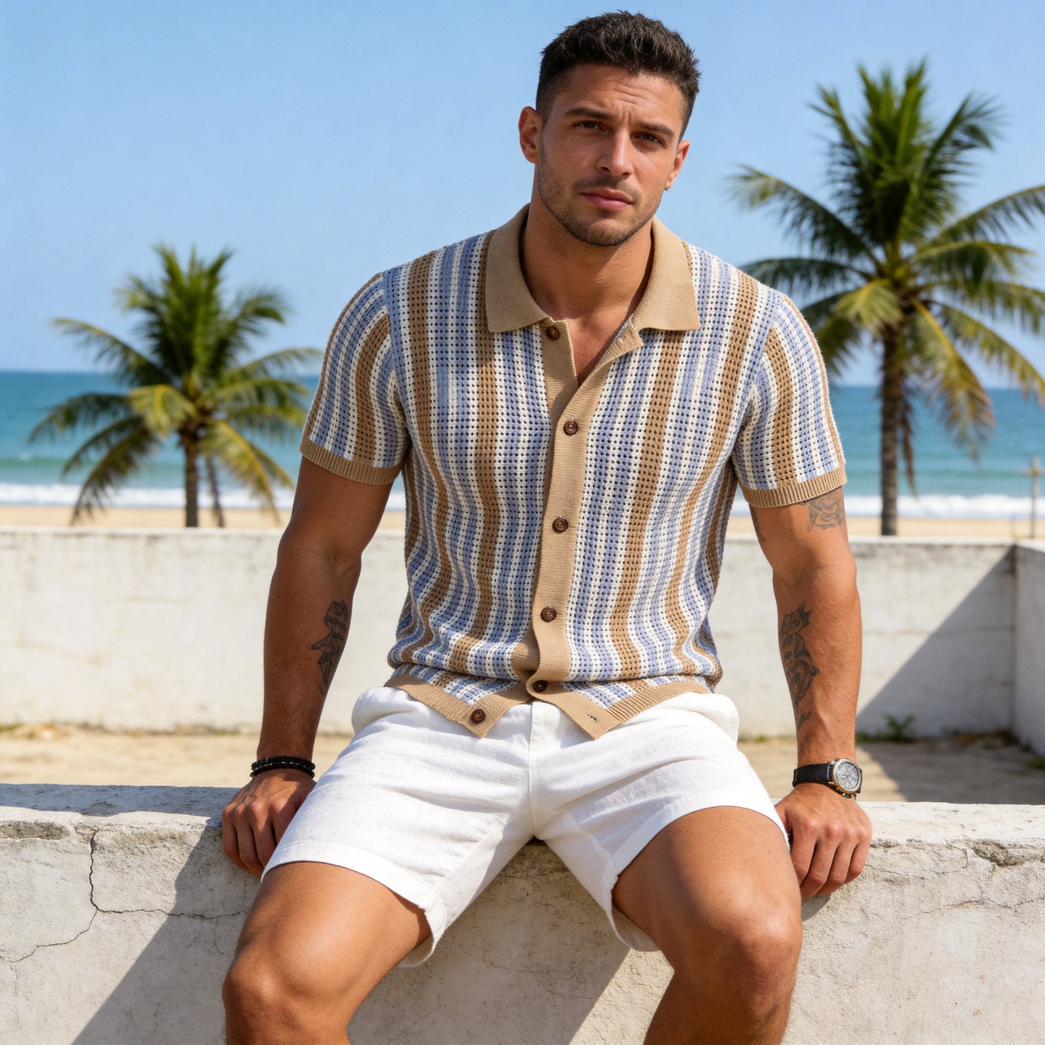 Retro Stripe Open-Knit Mesh Polo Shirt | Ice Silk Viscose | OROMEN