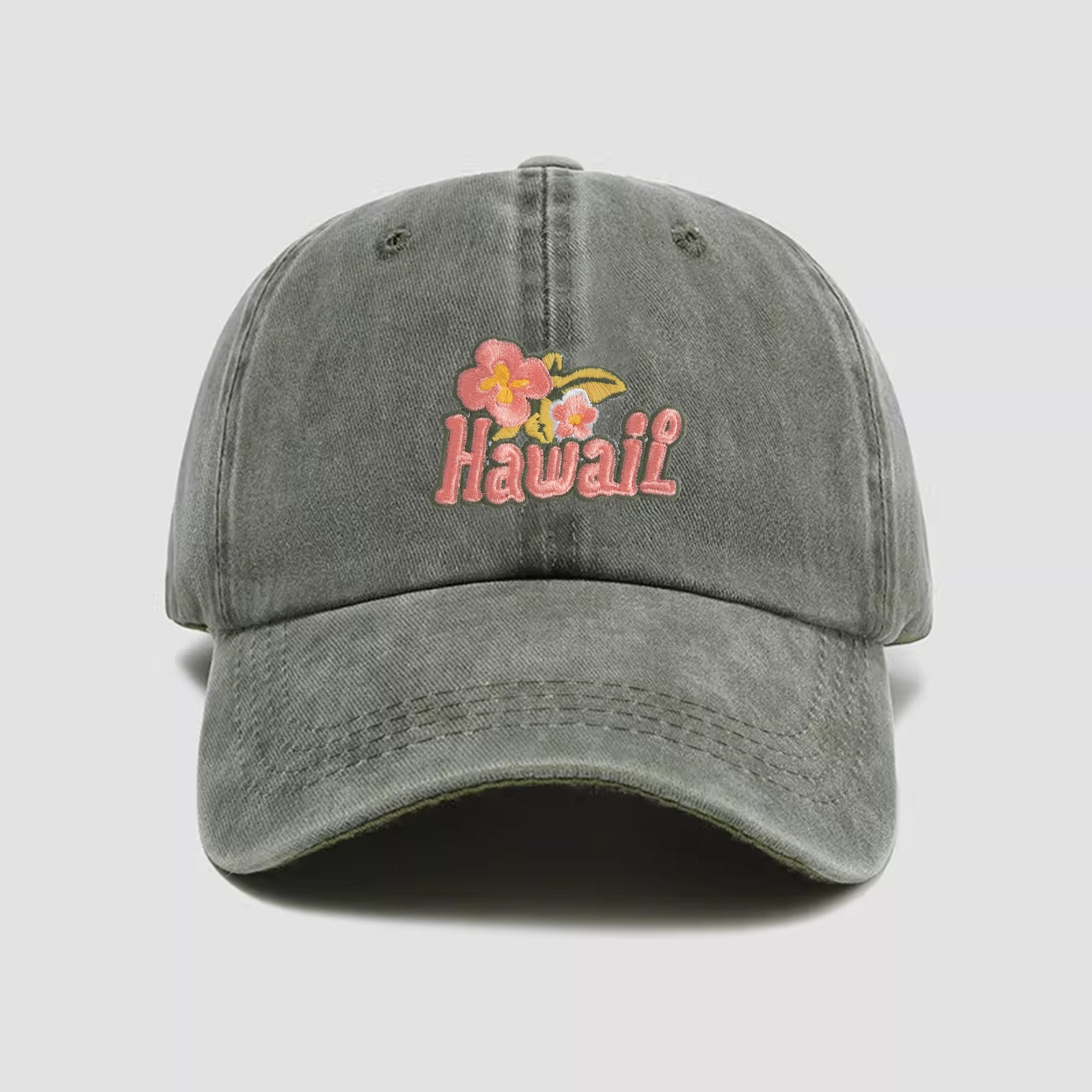 Retro Washed Baseball Cap Olive Green - Breathable Hawaii Hibiscus Hat by OROMEN