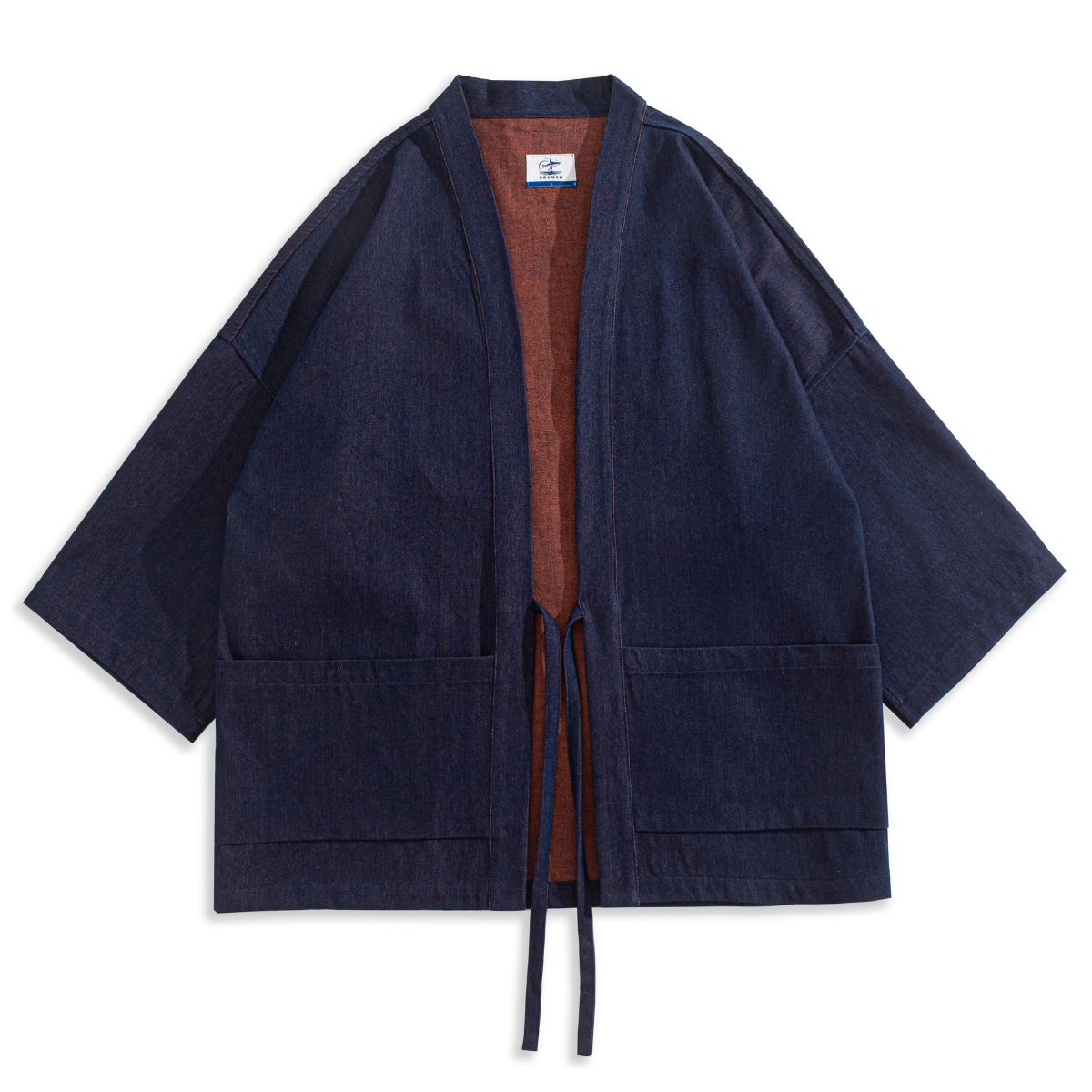 Reversible haori jacket detail - blue orange double-dyed traditional Japanese design